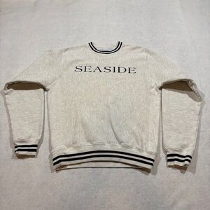 Champion Reverse Weave Seaside Crewneck Sweatshirt Small Cream Striped Trim Logo
